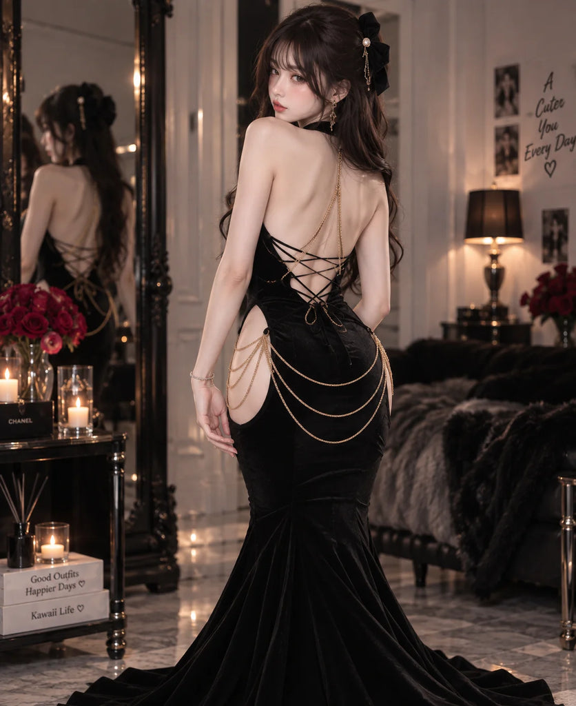 halter hollow out backless chain fishtail dress Sexy Open Chest – KawaiiBloom hollow out mermaid dress